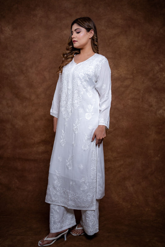 Samiya Chikankari White Modal Kurti and Palazzo Set: Soft Handwork Ensemble | 100 % Handmade Embroidery | Lucknowi Chikankari