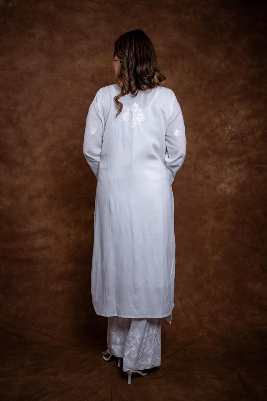 Samiya Chikankari White Modal Kurti and Palazzo Set: Soft Handwork Ensemble | 100 % Handmade Embroidery | Lucknowi Chikankari