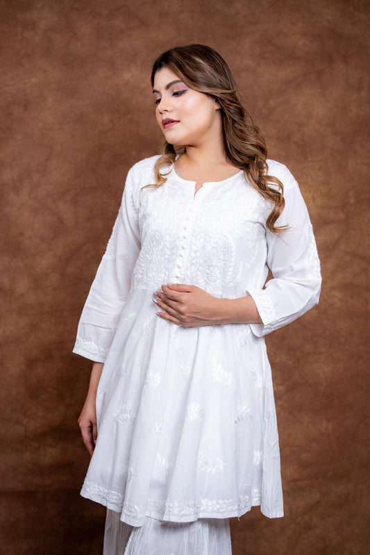 Zareen Cotton Chikankari Short Frock with Garara with Handmade Chikankari Embroidery