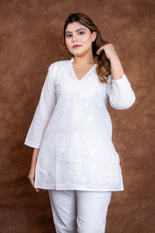 Hania Pure Cotton Handcrafted Chikan Short Kurti | Stylish White Lucknow Chikankari Top