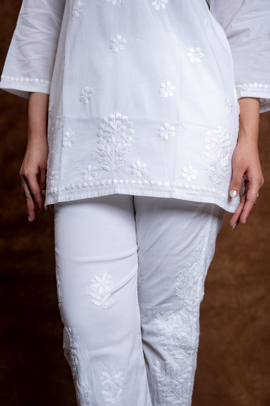 Hania Pure Cotton Handcrafted Chikan Short Kurti | Stylish White Lucknow Chikankari Top