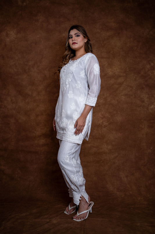 Jannat Chanderi Short Chikankari Handwork Kurti with Hand Embroided Afghani Pant Set