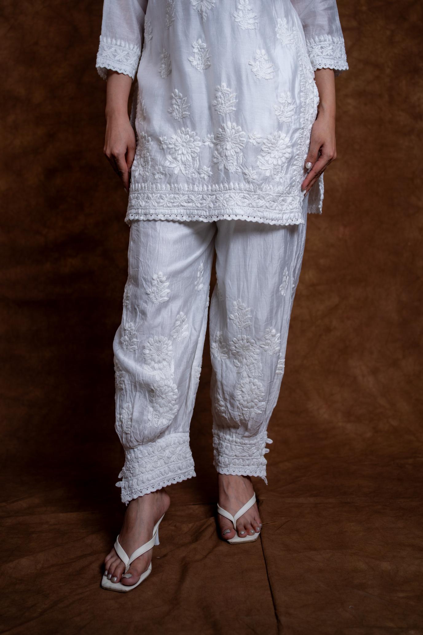 Jannat Chanderi Short Chikankari Handwork Kurti with Hand Embroided Afghani Pant Set