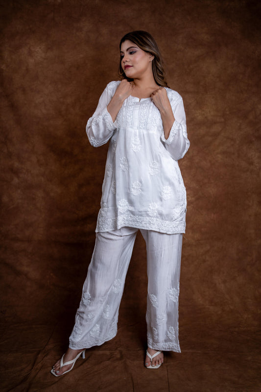 Samiya Chikankari Short Kurti and Palazzo Co-Ord Set on Pure White Premium Modal Satan Fabric