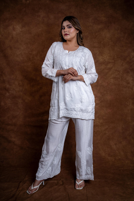 Samiya Chikankari Short Kurti and Palazzo Co-Ord Set on Pure White Premium Modal Satan Fabric