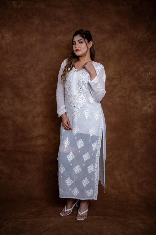 Kohinoor Lucknow Hand-Embroidered Premium Viscose Long Designer Kurti With Lucknow Chikan and Mukash Work