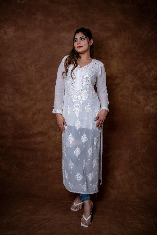 Kohinoor Lucknow Hand-Embroidered Premium Viscose Long Designer Kurti With Lucknow Chikan and Mukash Work