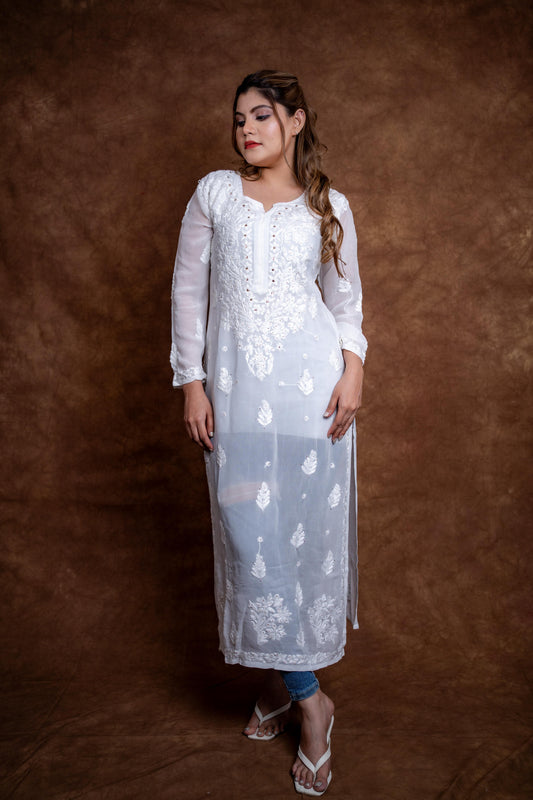 Gulmina Lucknow Hand-Embroidered Premium Viscose Long Designer Kurti With Lucknow Chikan and Mukash Work
