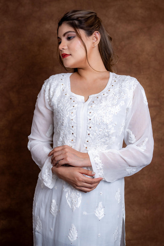Gulmina Lucknow Hand-Embroidered Premium Viscose Long Designer Kurti With Lucknow Chikan and Mukash Work