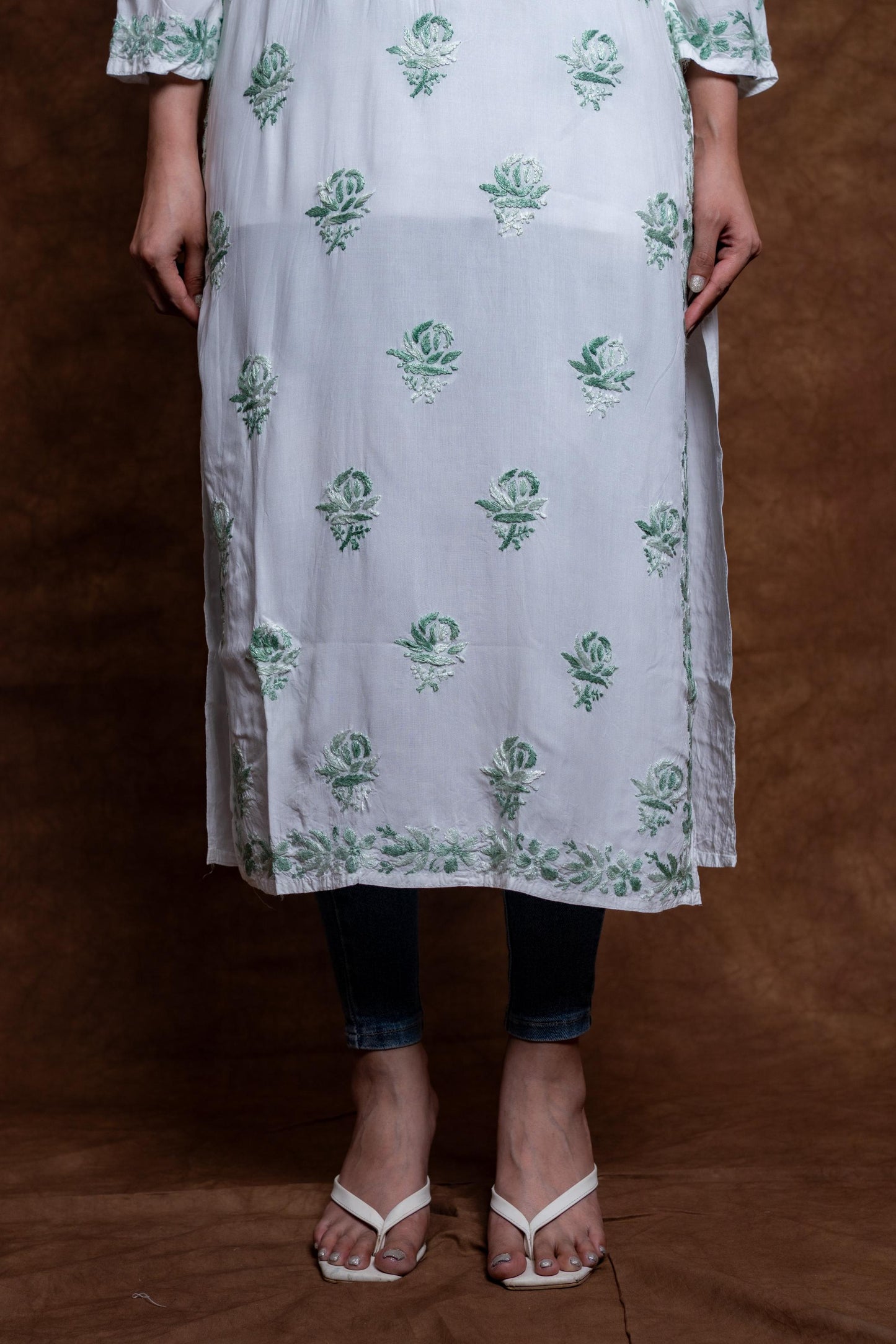 Alia Modal Long Kurti | Handcrafted Chikankari Dual-Shade | Daman Work | Hand Embroided Sleeves Designed By Samiya Chikankari