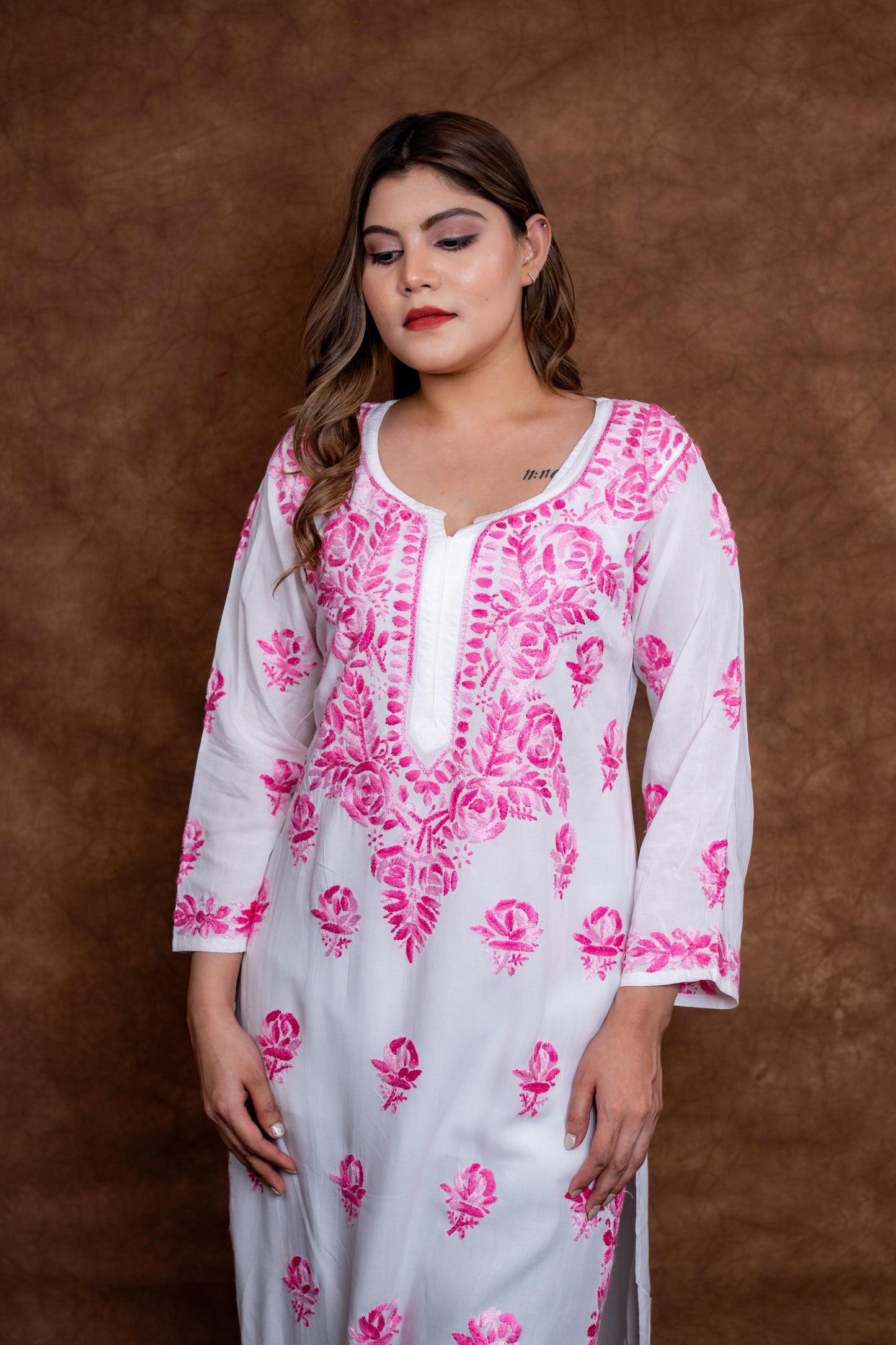 Alia Modal Long Kurti | Handcrafted Chikankari Dual-Shade | Daman Work | Hand Embroided Sleeves Designed By Samiya Chikankari