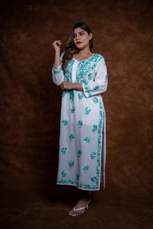 Alia Modal Long Kurti | Handcrafted Chikankari Dual-Shade | Daman Work | Hand Embroided Sleeves Designed By Samiya Chikankari