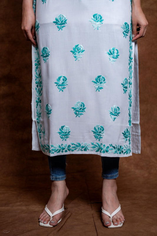 Alia Modal Long Kurti | Handcrafted Chikankari Dual-Shade | Daman Work | Hand Embroided Sleeves Designed By Samiya Chikankari