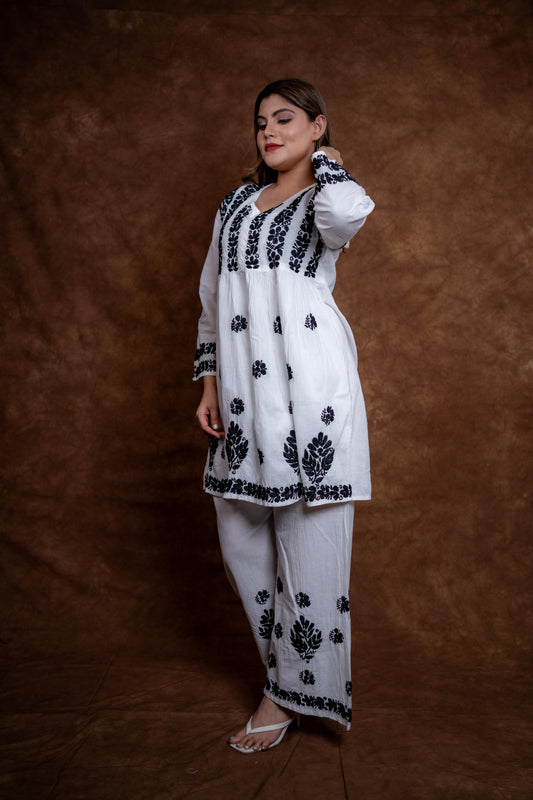 Snow White Handcrafted Chikankari Pure Cotton Short Kurti & Palazzo Co-Ord Set