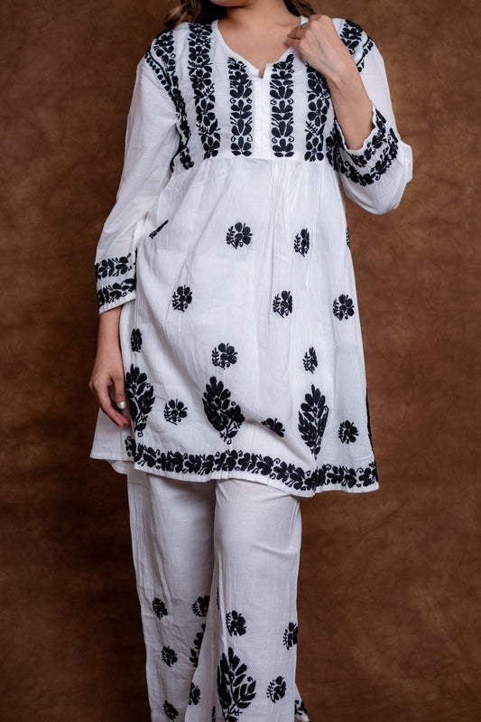 Snow White Handcrafted Chikankari Pure Cotton Short Kurti & Palazzo Co-Ord Set