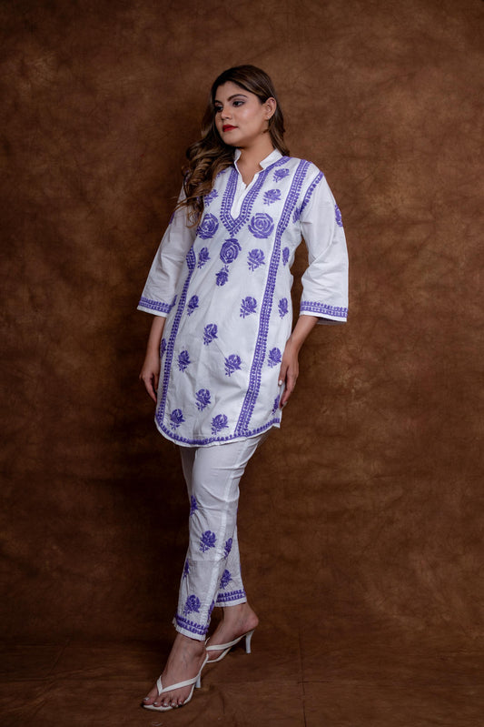 Meerab Handcrafted Chikankari Pure Cotton Short Kurti & Pant Co-Ord Set Designed by Samiya chikankari