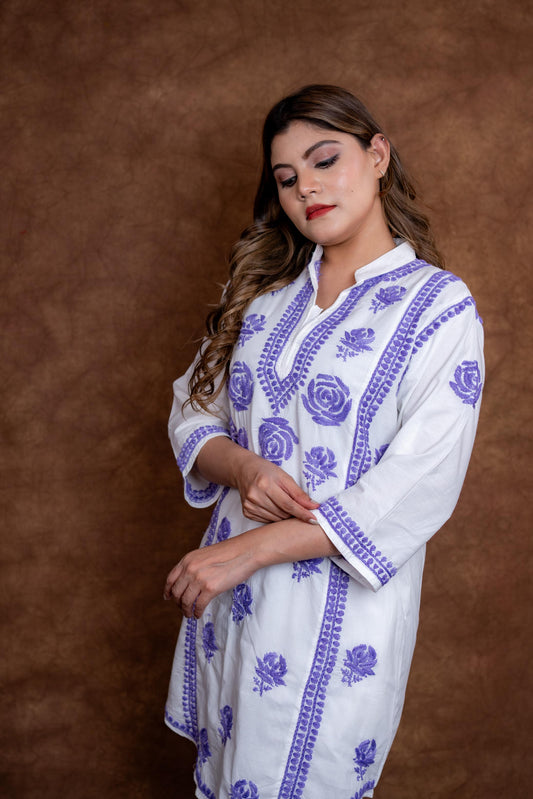 Meerab Handcrafted Chikankari Pure Cotton Short Kurti & Pant Co-Ord Set Designed by Samiya chikankari