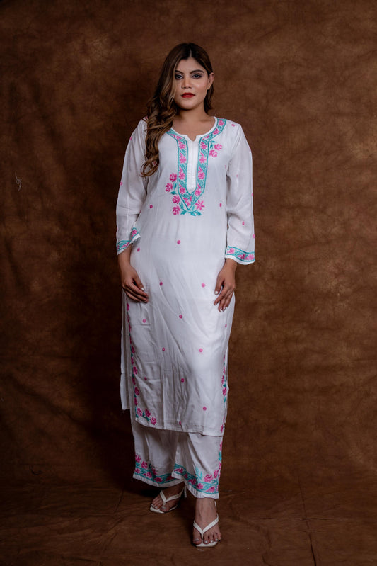 Haya Contrast Thread Chikan Embroidery Modal Kurti & Palazzo Set Designed By Samiya Chikankari