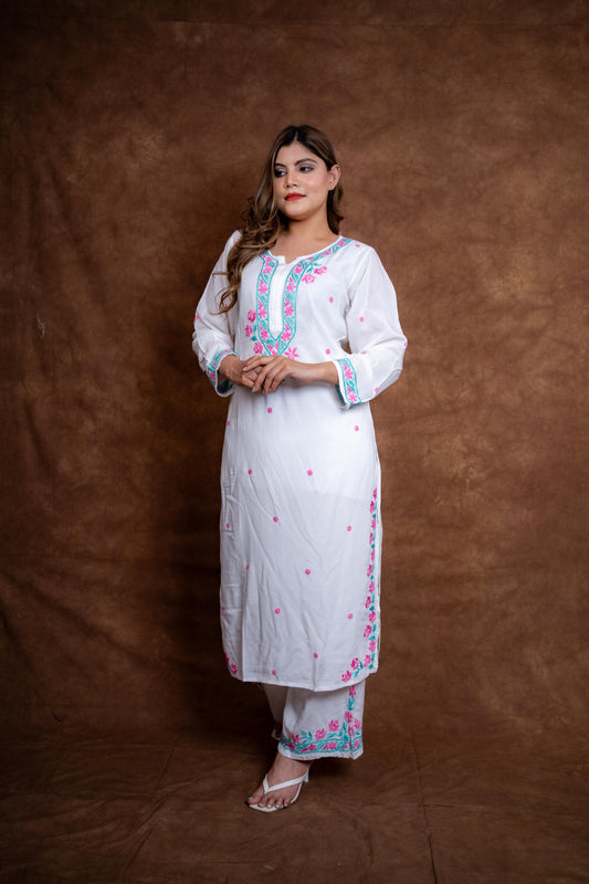 Haya Contrast Thread Chikan Embroidery Modal Kurti & Palazzo Set Designed By Samiya Chikankari