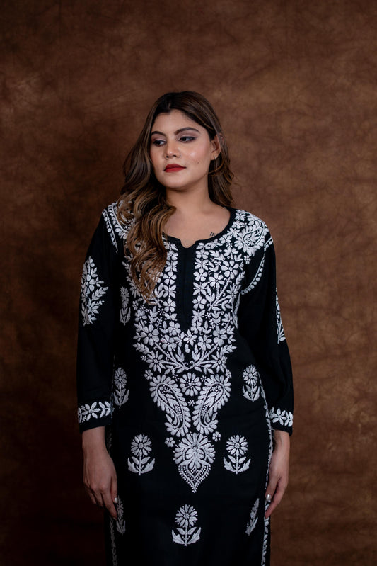Nawabi Lucknow Chikankari Hand-Embroidered Black Rayon Kurti & Palazzo Set | Samiya Chikankari