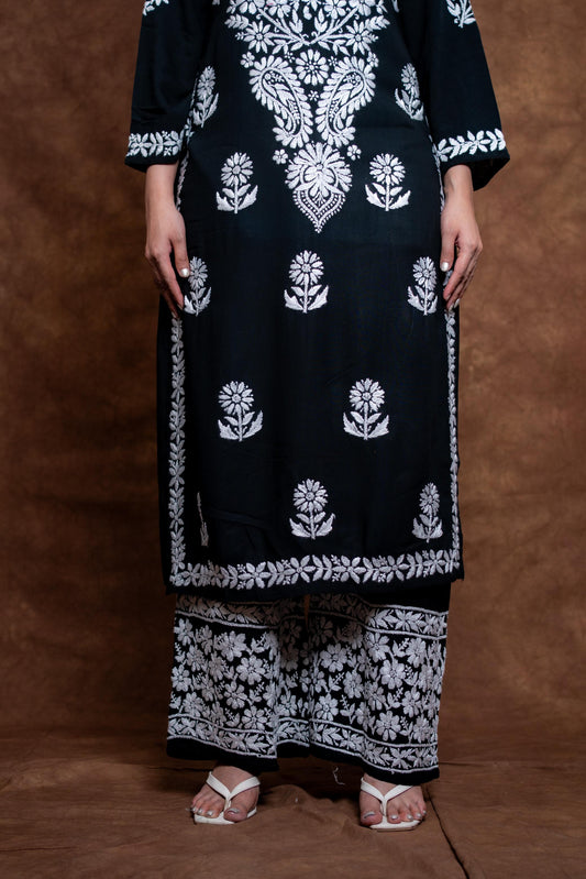 Nawabi Lucknow Chikankari Hand-Embroidered Black Rayon Kurti & Palazzo Set | Samiya Chikankari