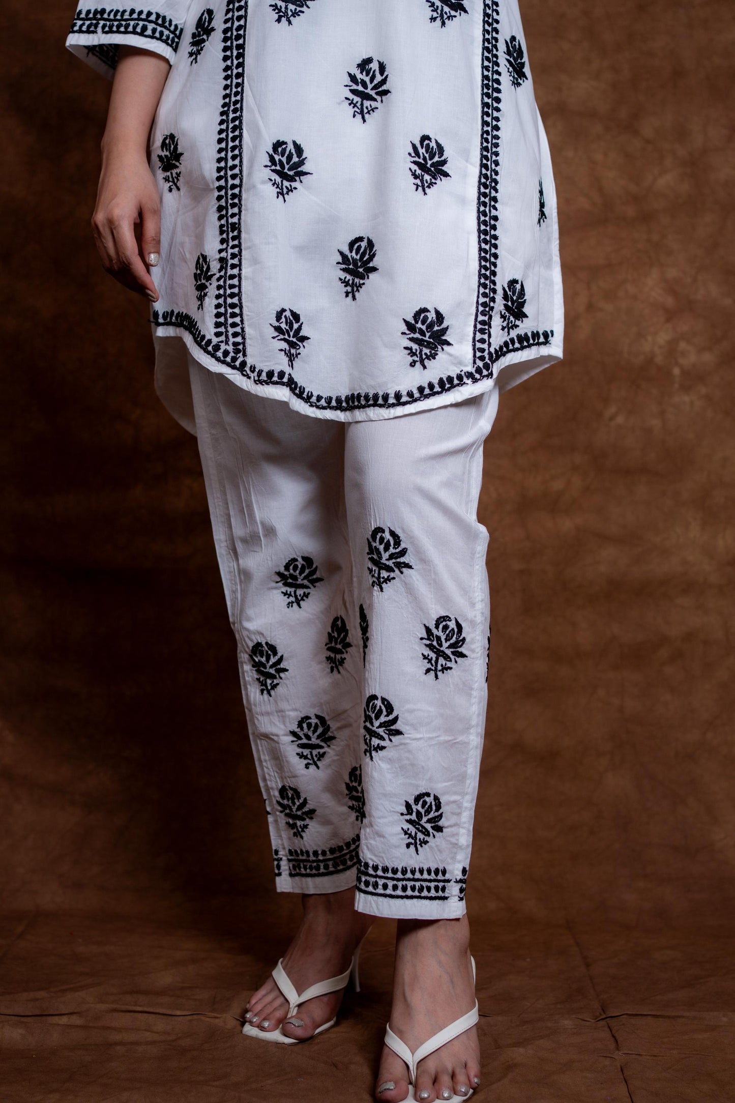 Meerab Handcrafted Chikankari Pure Cotton Short Kurti & Pant Co-Ord Set Designed by Samiya chikankari