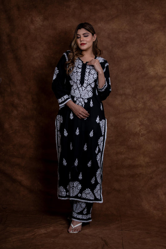 Firdaus Black Modal Kurti & Palazzo Set Lucknowi Chikankari | Hand-Embroidered