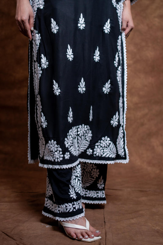 Firdaus Black Modal Kurti & Palazzo Set Lucknowi Chikankari | Hand-Embroidered