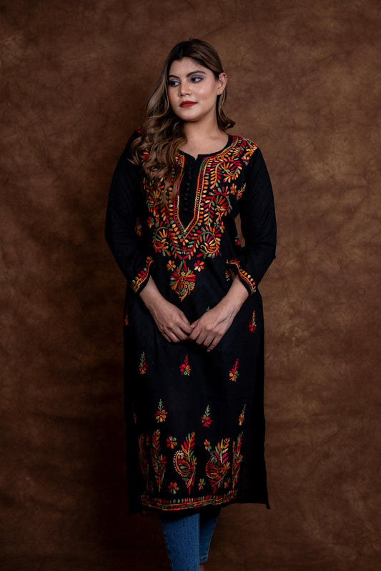 Zara Multi-Color Thread Hand-Embroidered Black Dobby Cotton Kurti Designed by Samiya Chikankari
