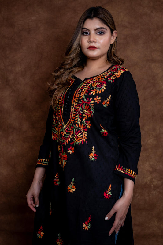 Zara Multi-Color Thread Hand-Embroidered Black Dobby Cotton Kurti Designed by Samiya Chikankari