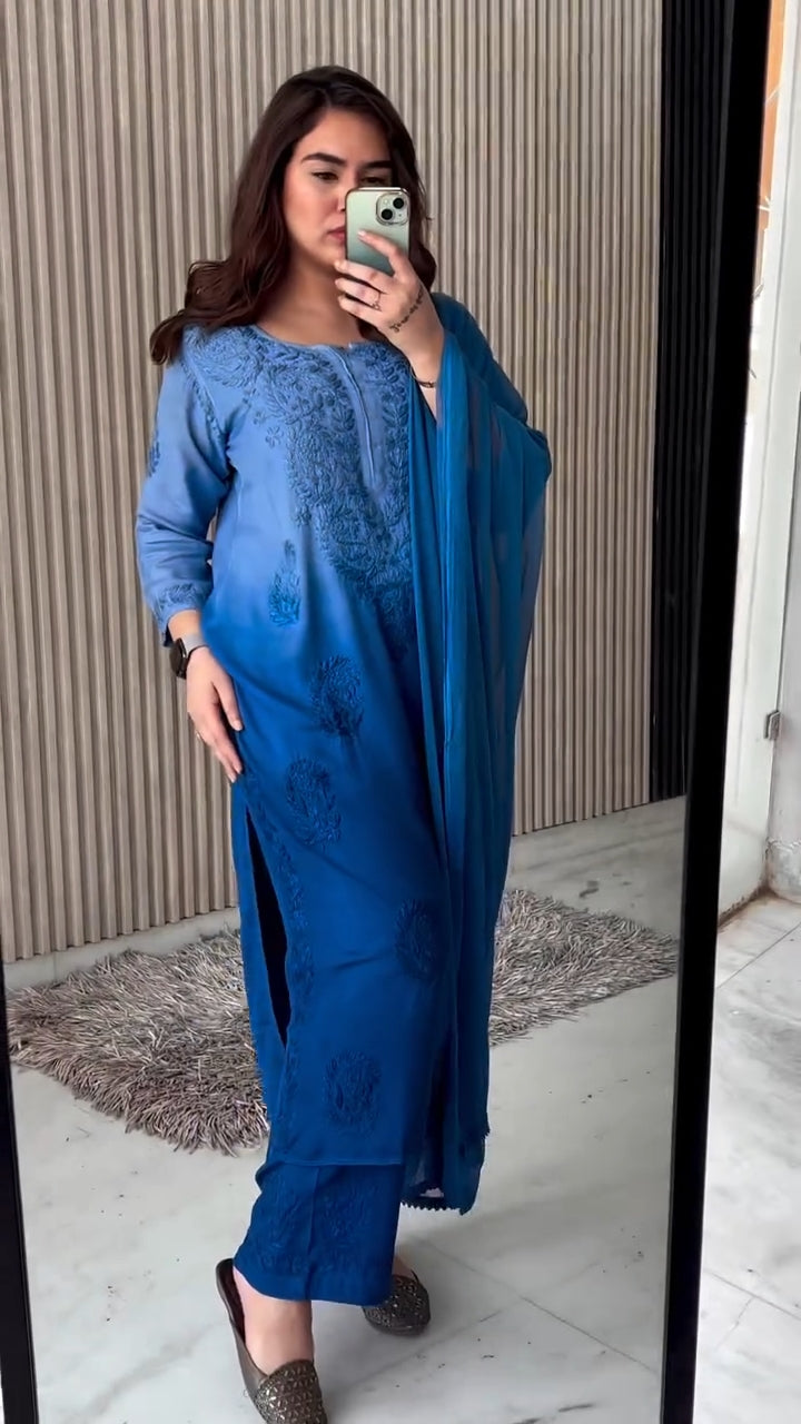 Hand Embroided Dual-Shade Rayon Kurti and Palazzo Set with Lucknowi Chikankari - Designed by Samiya Chikankari