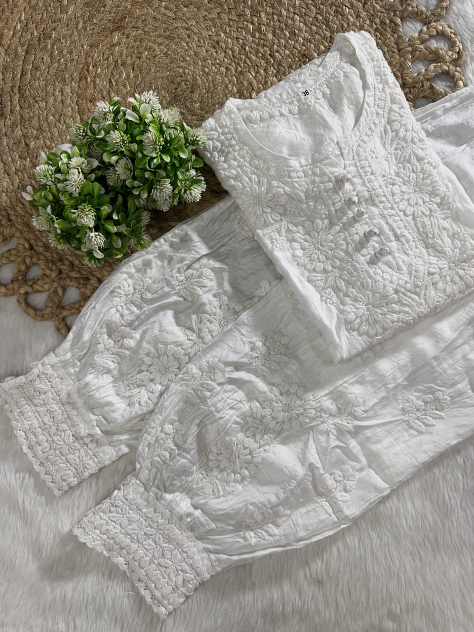 Zairah Handcrafted Chanderi Kurti and Afghani Pant Set with Lucknow ki Chikankari designed by Samiya Chikakari