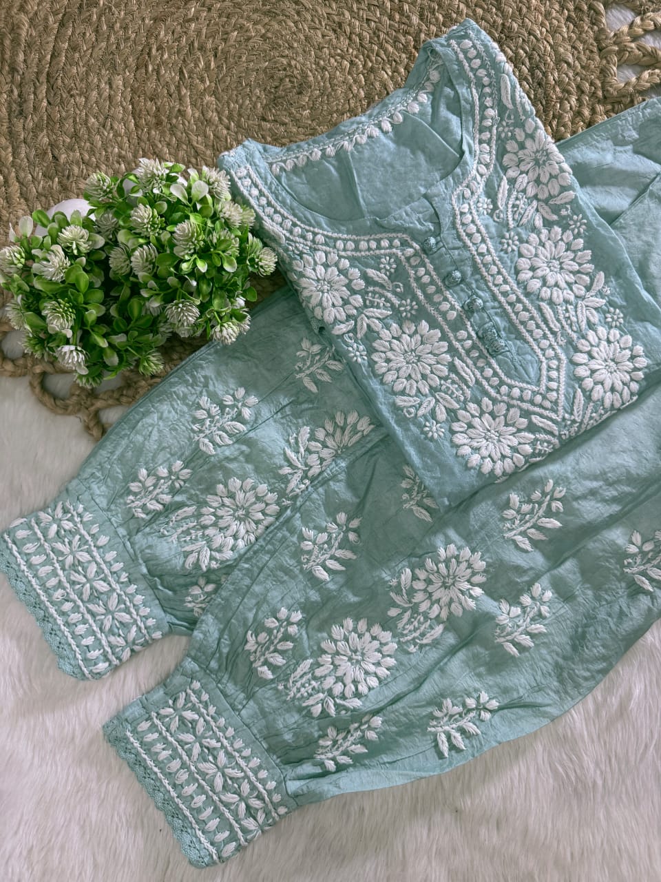 Zairah Handcrafted Chanderi Kurti and Afghani Pant Set with Lucknow ki Chikankari designed by Samiya Chikakari