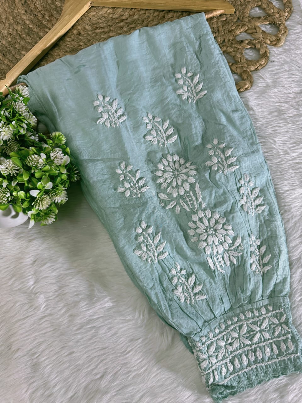 Zairah Handcrafted Chanderi Kurti and Afghani Pant Set with Lucknow ki Chikankari designed by Samiya Chikakari