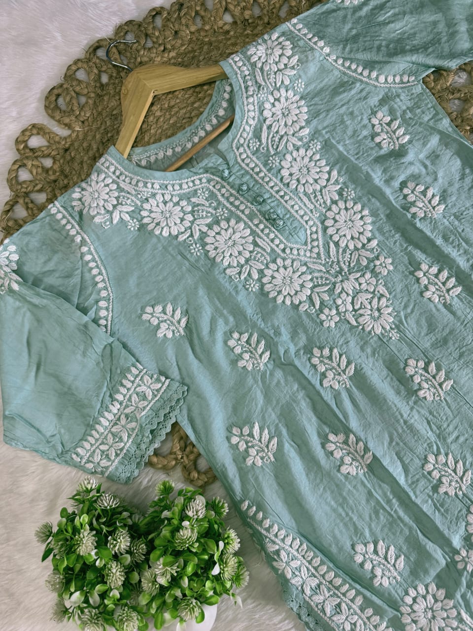 Zairah Handcrafted Chanderi Kurti and Afghani Pant Set with Lucknow ki Chikankari designed by Samiya Chikakari