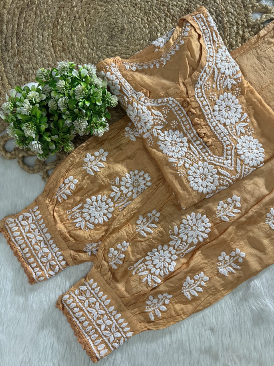 Zairah Handcrafted Chanderi Kurti and Afghani Pant Set with Lucknow ki Chikankari designed by Samiya Chikakari
