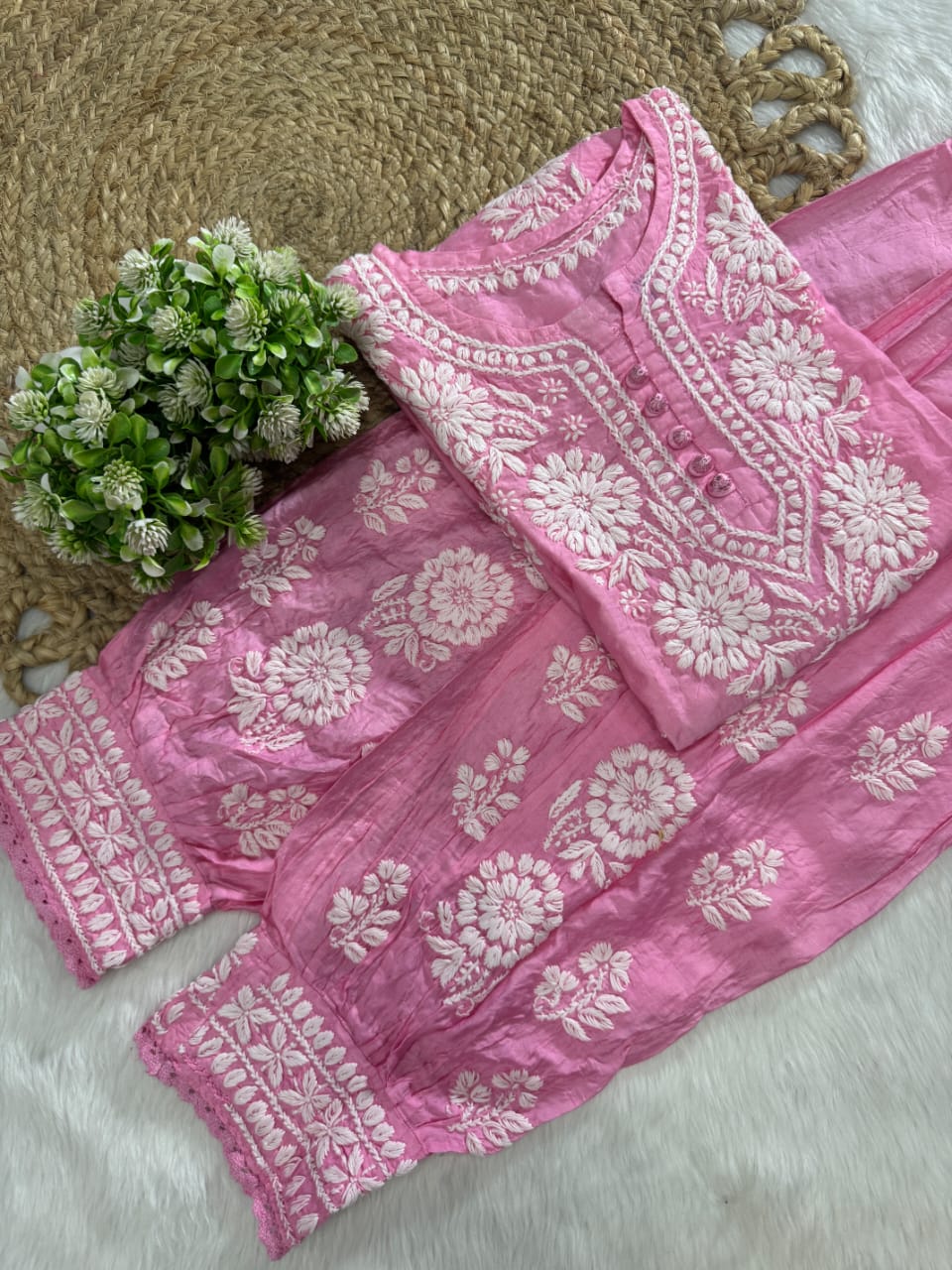 Zairah Handcrafted Chanderi Kurti and Afghani Pant Set with Lucknow ki Chikankari designed by Samiya Chikakari