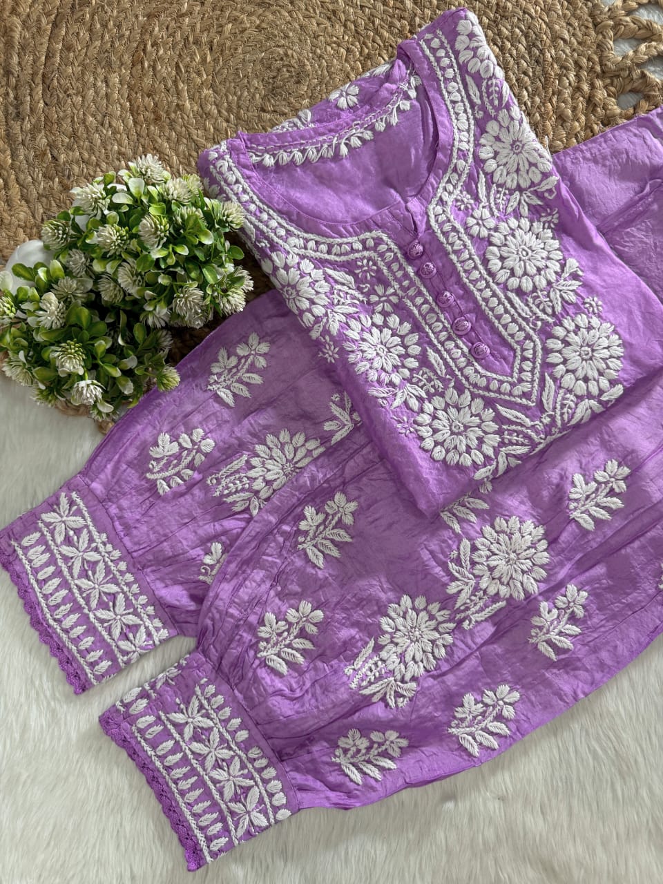 Zairah Handcrafted Chanderi Kurti and Afghani Pant Set with Lucknow ki Chikankari designed by Samiya Chikakari