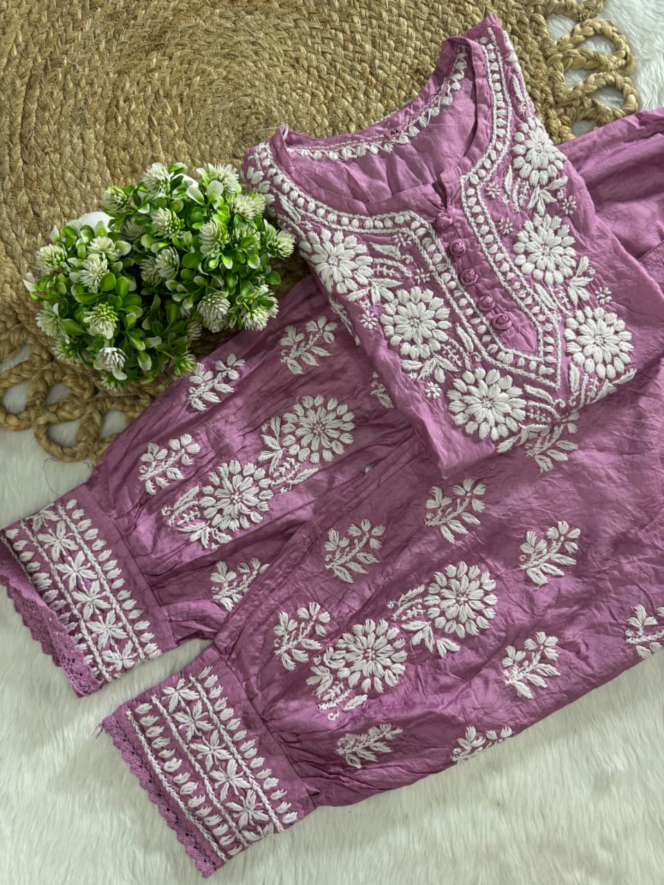 Zairah Handcrafted Chanderi Kurti and Afghani Pant Set with Lucknow ki Chikankari designed by Samiya Chikakari