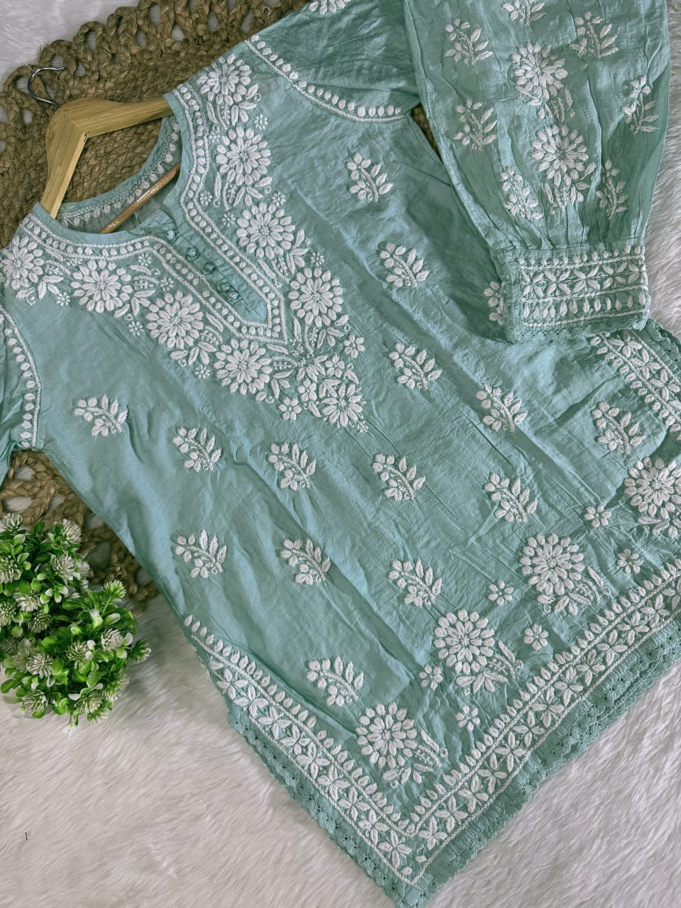 Zairah Handcrafted Chanderi Kurti and Afghani Pant Set with Lucknow ki Chikankari designed by Samiya Chikakari