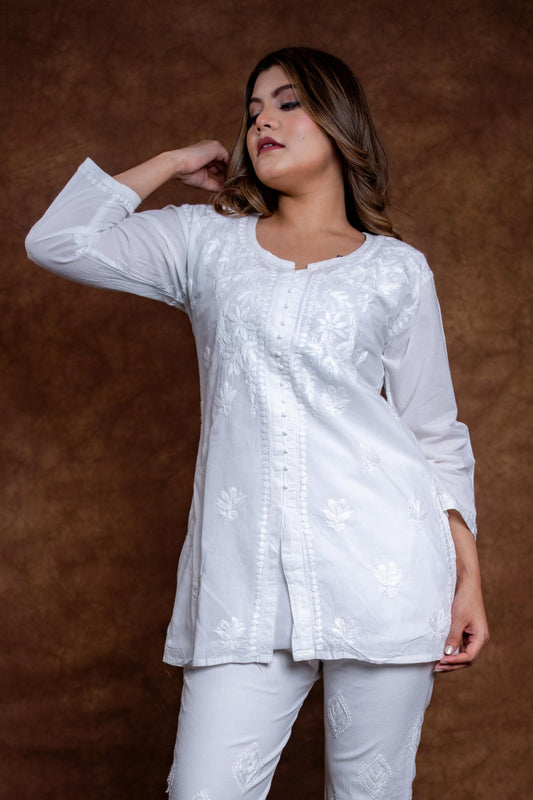 Mahira Khan Front Open Pure Cotton Handmade Chikankari Short Kurti
