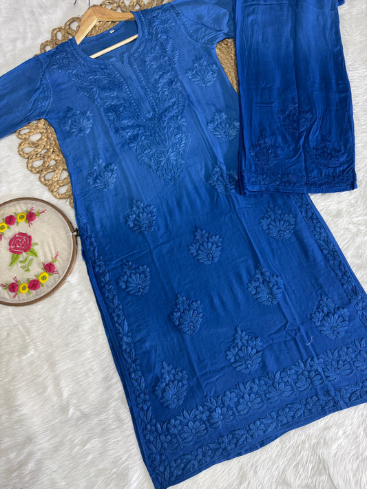 Hand Embroided Dual-Shade Rayon Kurti and Palazzo Set with Lucknowi Chikankari - Designed by Samiya Chikankari