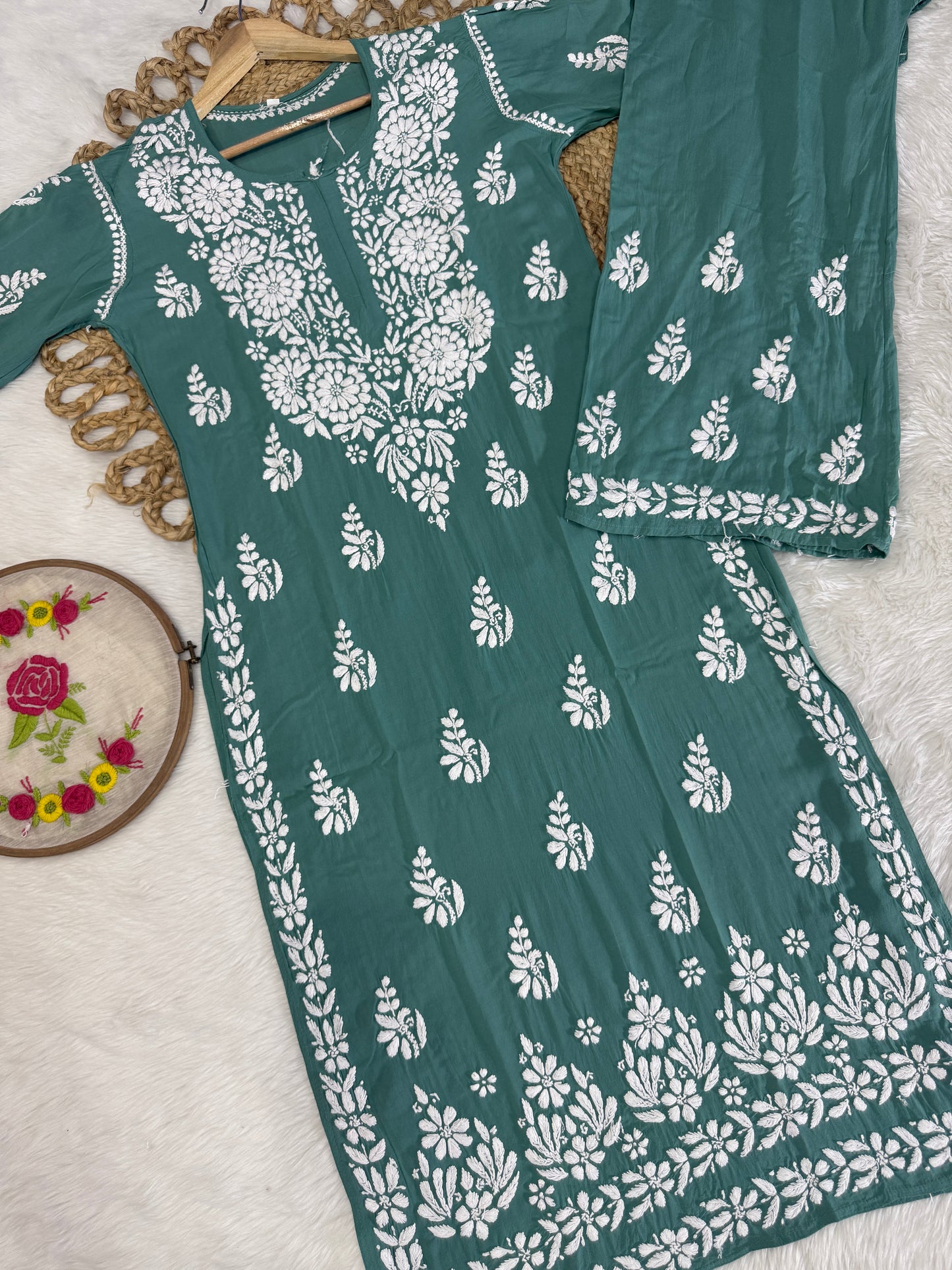 Sofya Handcrafted Modal Kurti and Palazzo Set with Lucknow Handwork Chikankari