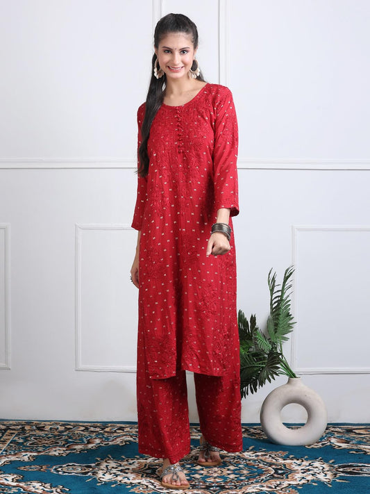 Samiya Chikankari Women's Premium Chanderi Chikankari Kurti and Palazzo Set with Intricate Handwork