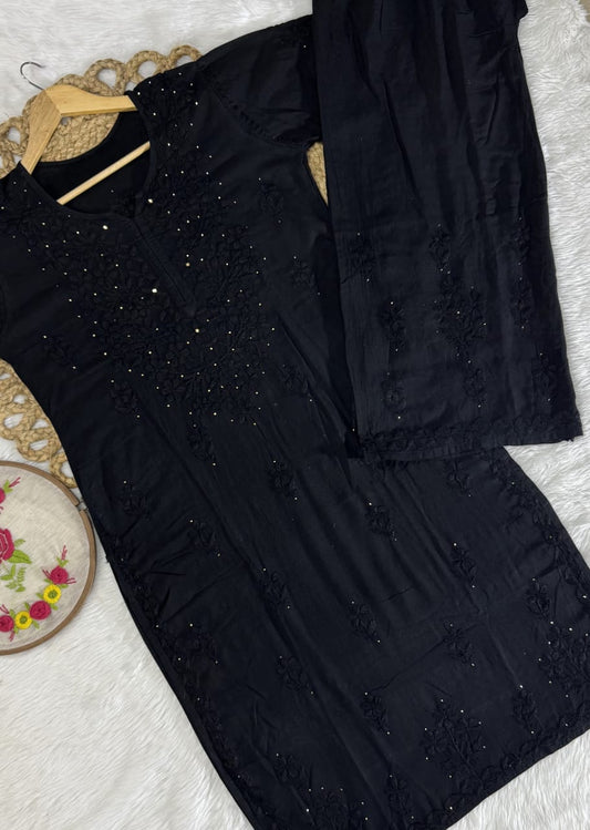 Firdous Rayon Mukaish Hand-Embroidered Kurti and Palazzo Set Design By Samiya Chikankari | Limited Edition