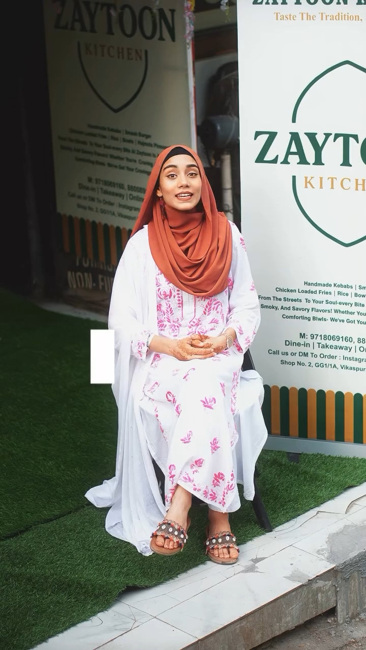 Zikra khan Modal Long Kurti | Handcrafted Chikankari Dual-Shade | Daman Work | Hand Embroided Sleeves Designed By Samiya Chikankari