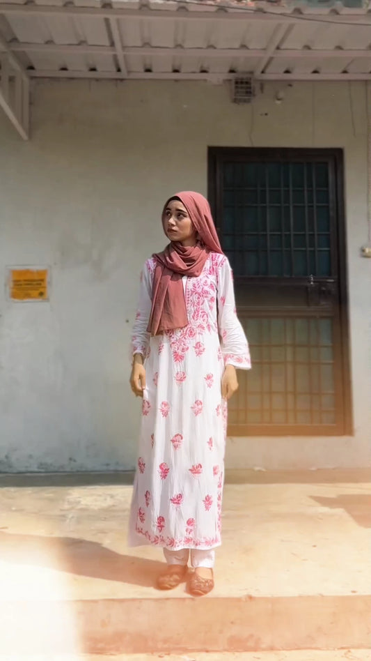 Zikra khan Modal Long Kurti | Handcrafted Chikankari Dual-Shade | Daman Work | Hand Embroided Sleeves Designed By Samiya Chikankari