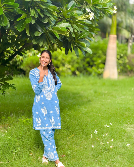 Vasudha Lining Cotton Handcrafted Chikankari Kurti & Pant Set