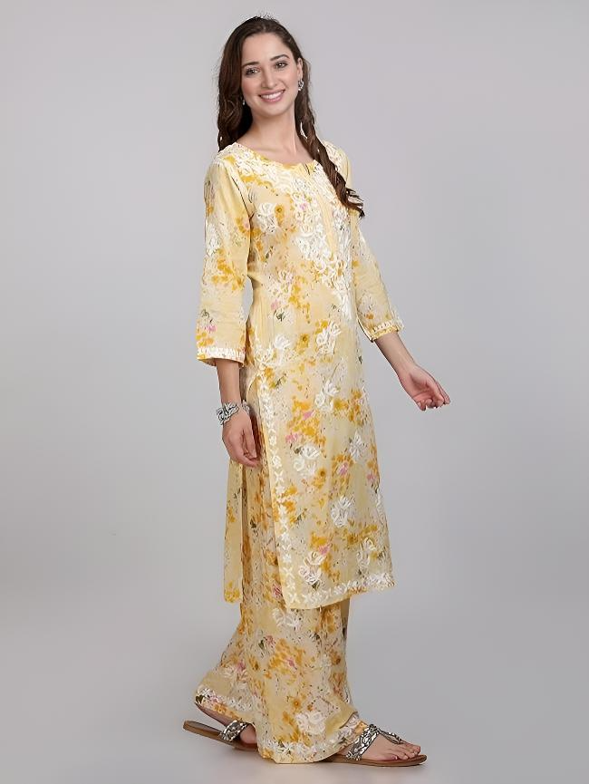 Samiya Chikankari Lucknowi Hand Embroidered Mulmul Kurti & Palazzo Set – Ghas Patti Chikan Work Handmade